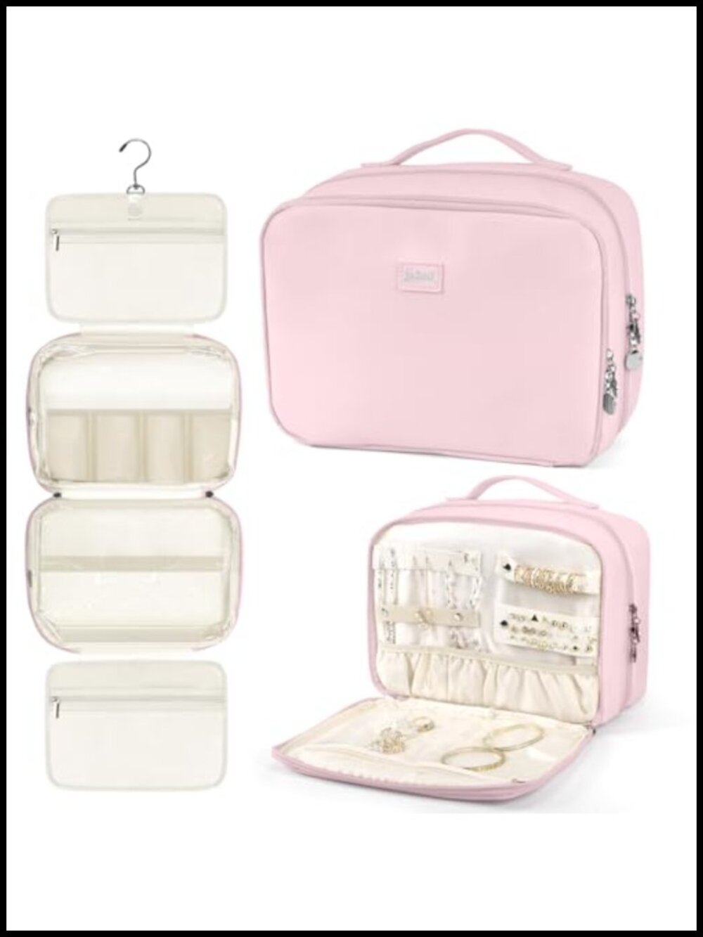 PU Leather Hanging Toiletry Bag with Jewelry Organizer Travel Cosmetic Case